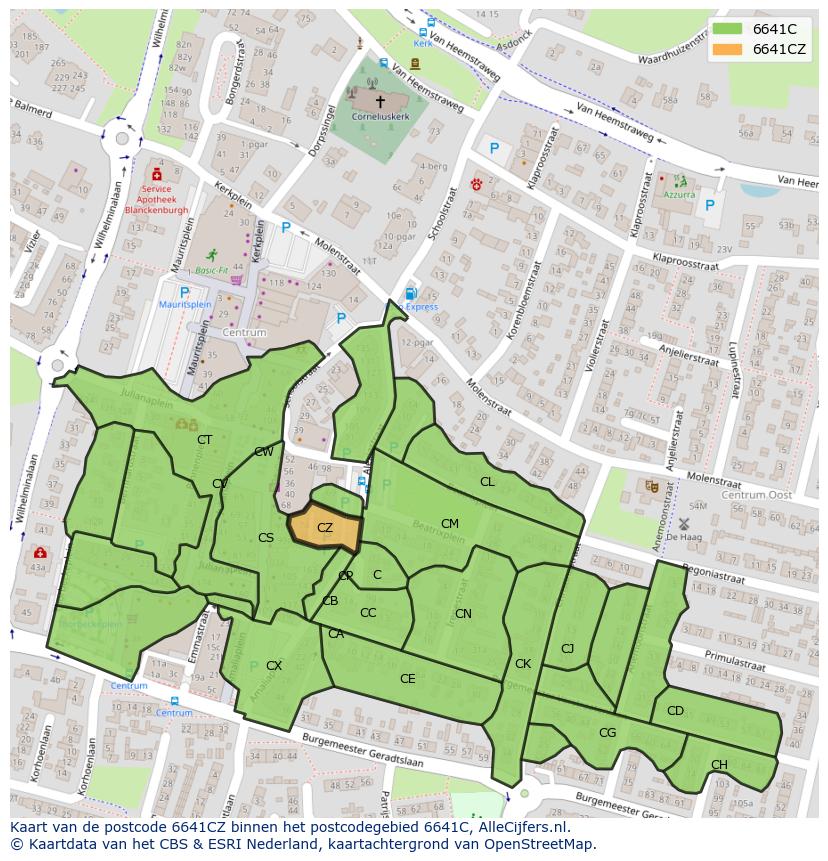 Afbeelding van het postcodegebied 6641 CZ op de kaart.