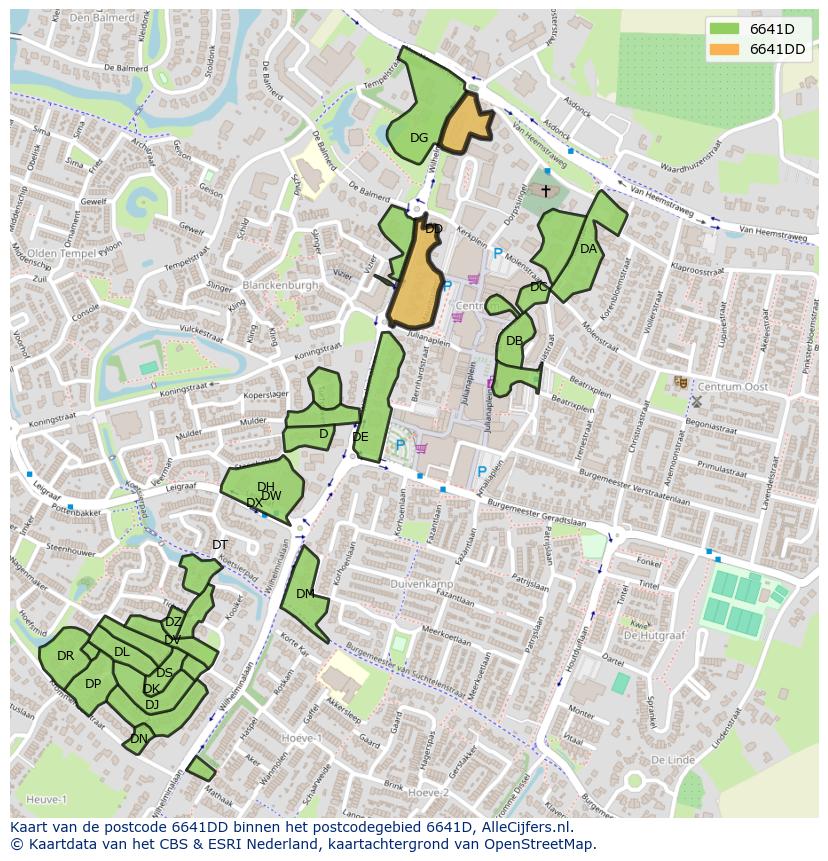Afbeelding van het postcodegebied 6641 DD op de kaart.