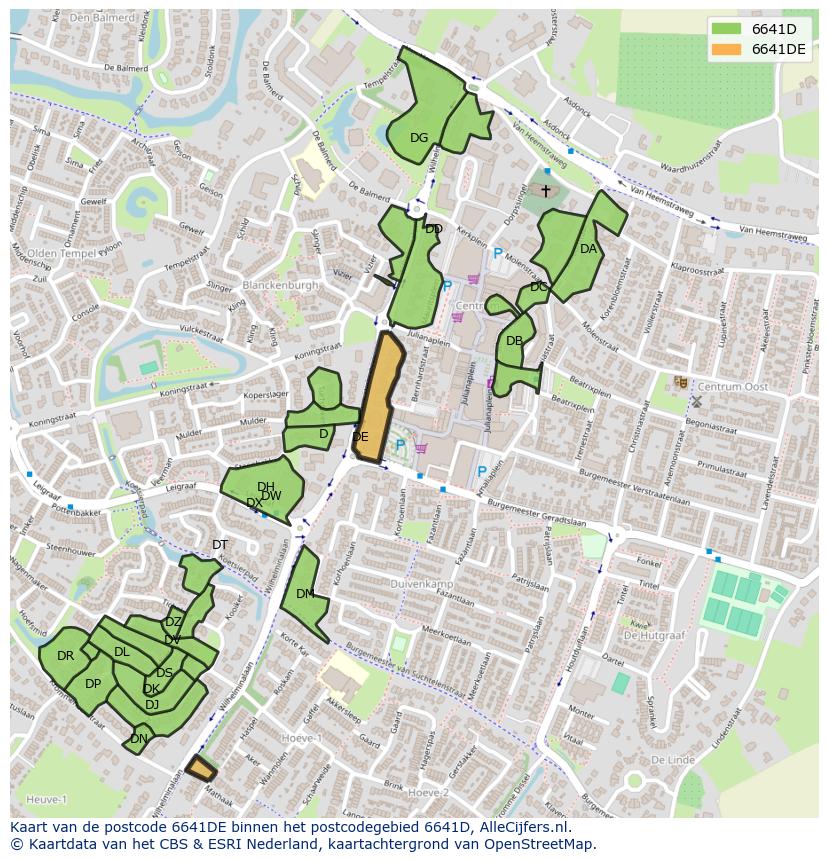 Afbeelding van het postcodegebied 6641 DE op de kaart.