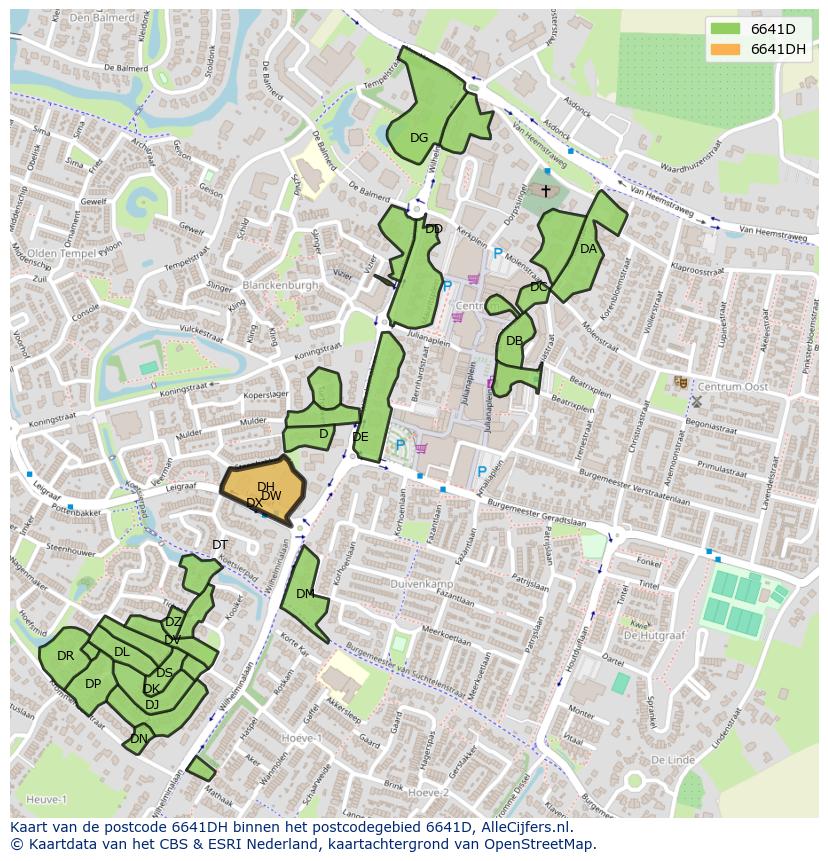 Afbeelding van het postcodegebied 6641 DH op de kaart.