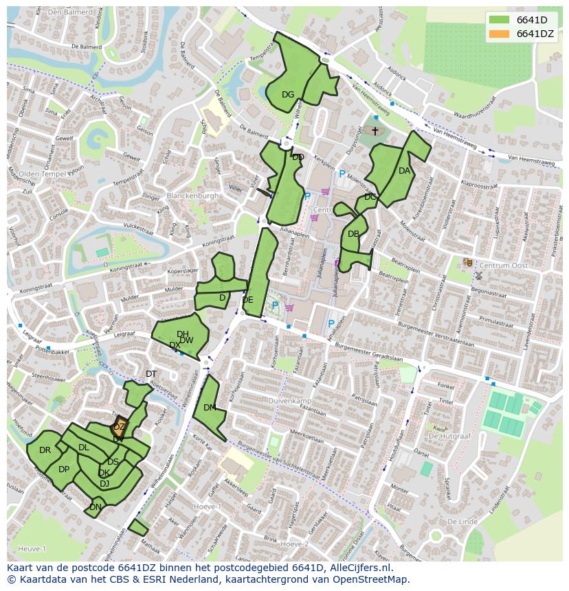 Afbeelding van het postcodegebied 6641 DZ op de kaart.