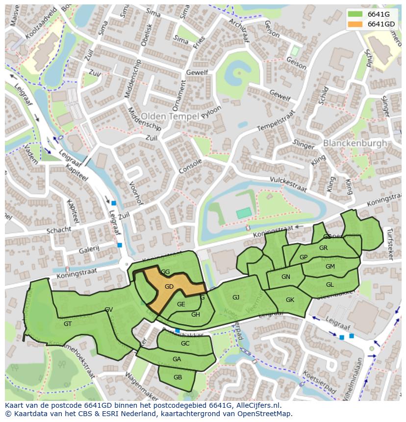 Afbeelding van het postcodegebied 6641 GD op de kaart.
