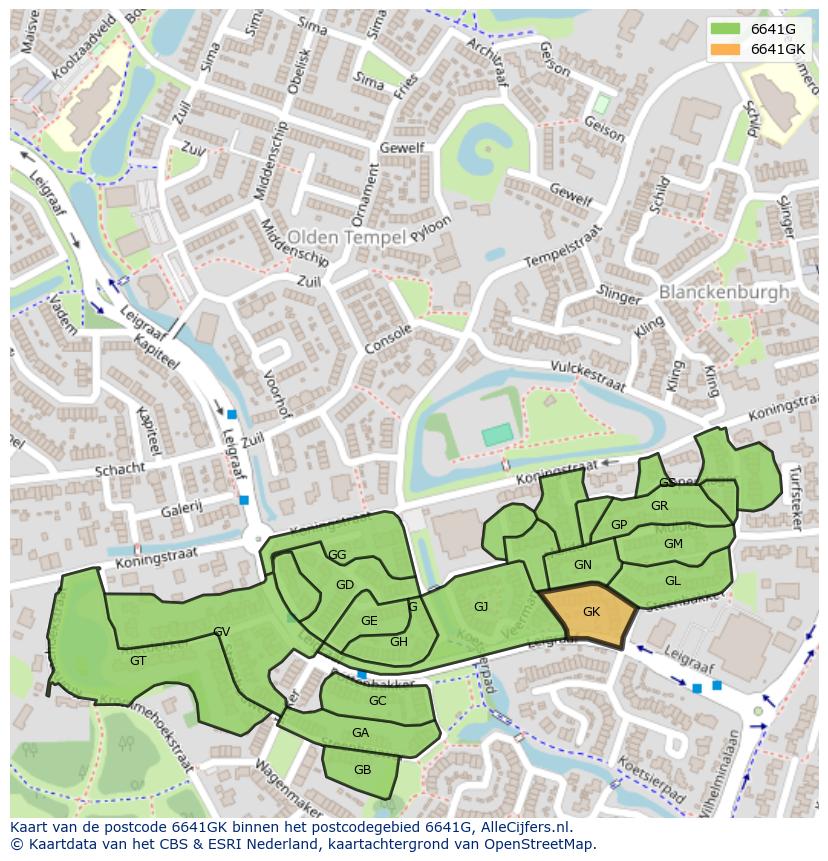 Afbeelding van het postcodegebied 6641 GK op de kaart.