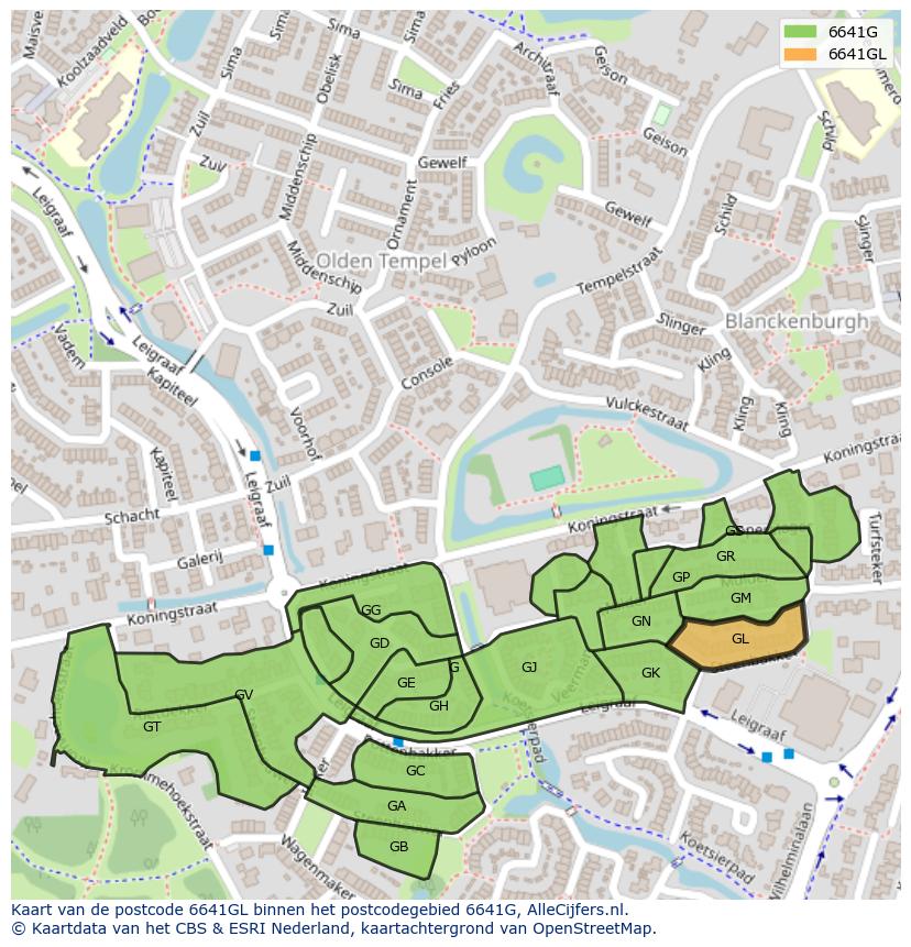 Afbeelding van het postcodegebied 6641 GL op de kaart.