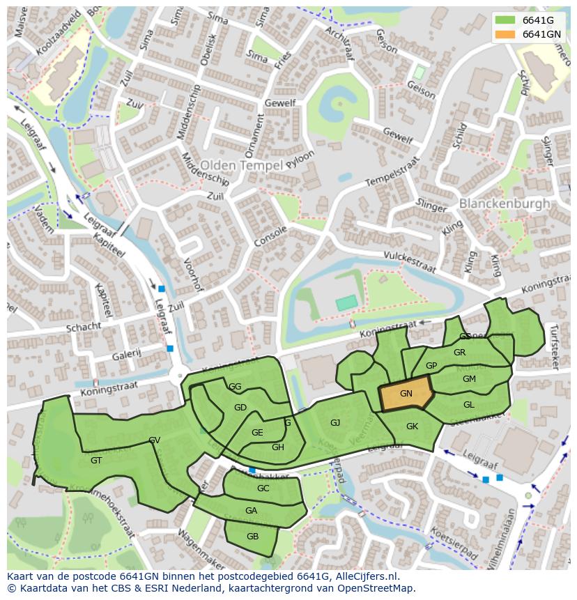Afbeelding van het postcodegebied 6641 GN op de kaart.