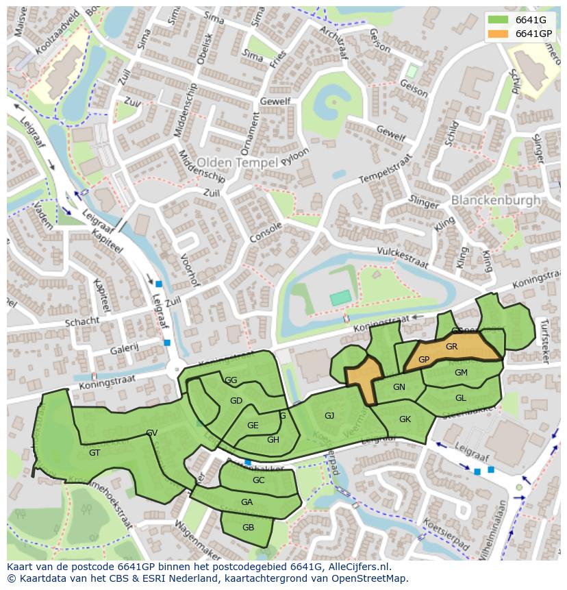 Afbeelding van het postcodegebied 6641 GP op de kaart.