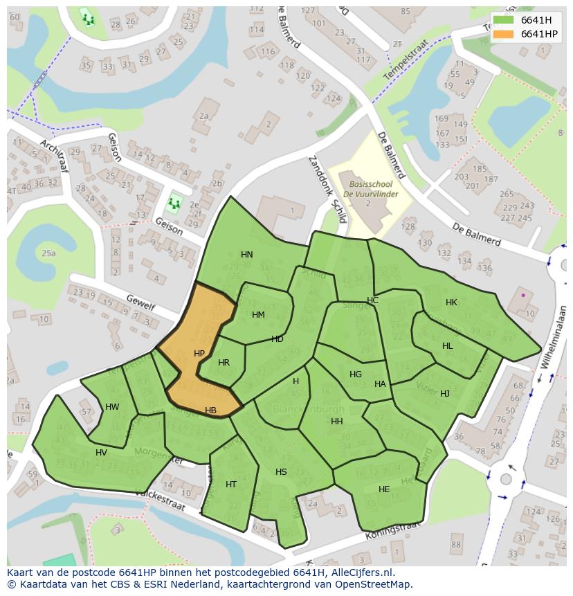 Afbeelding van het postcodegebied 6641 HP op de kaart.