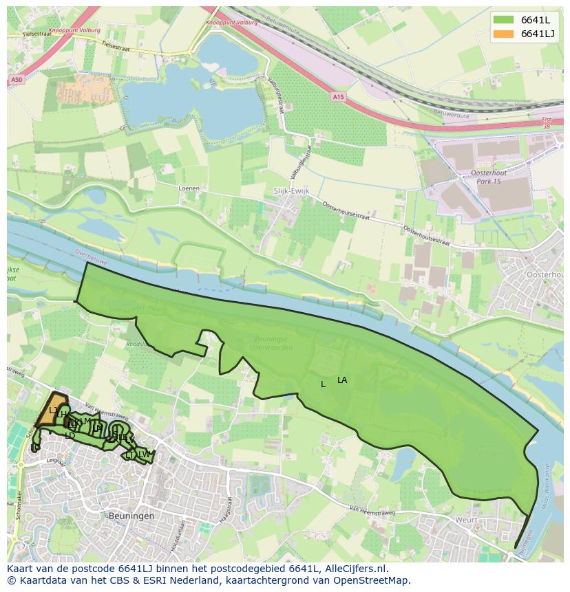 Afbeelding van het postcodegebied 6641 LJ op de kaart.