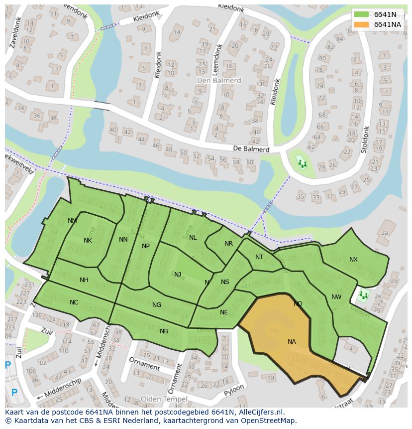 Afbeelding van het postcodegebied 6641 NA op de kaart.