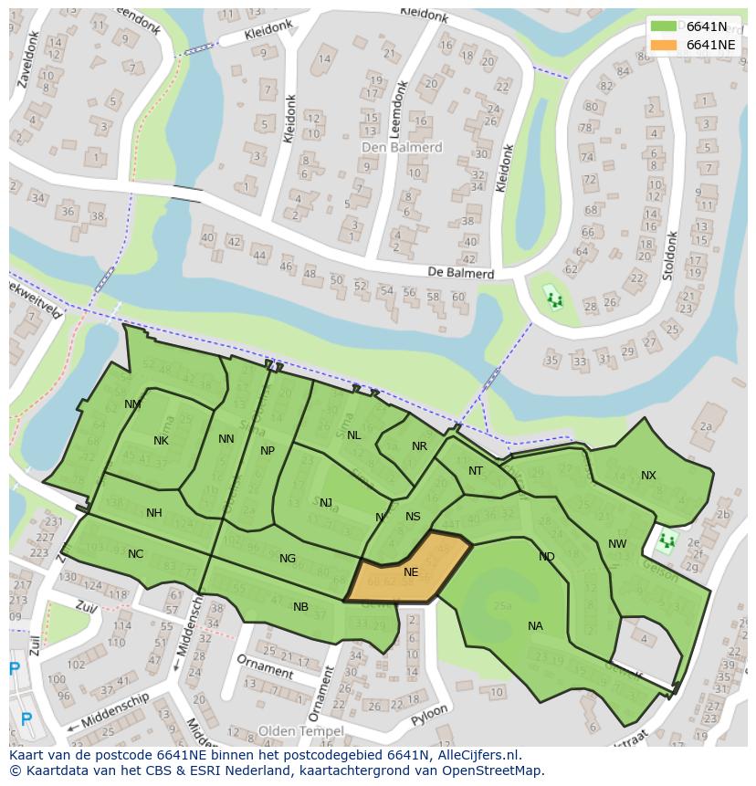 Afbeelding van het postcodegebied 6641 NE op de kaart.