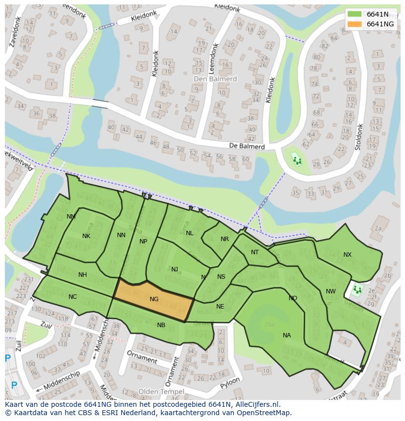 Afbeelding van het postcodegebied 6641 NG op de kaart.