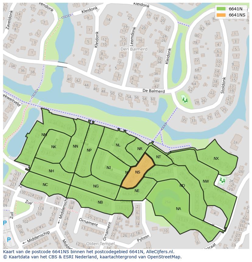 Afbeelding van het postcodegebied 6641 NS op de kaart.