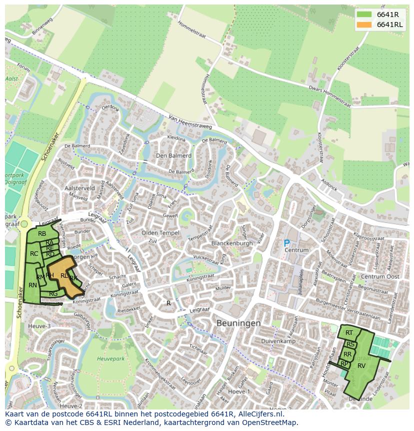 Afbeelding van het postcodegebied 6641 RL op de kaart.