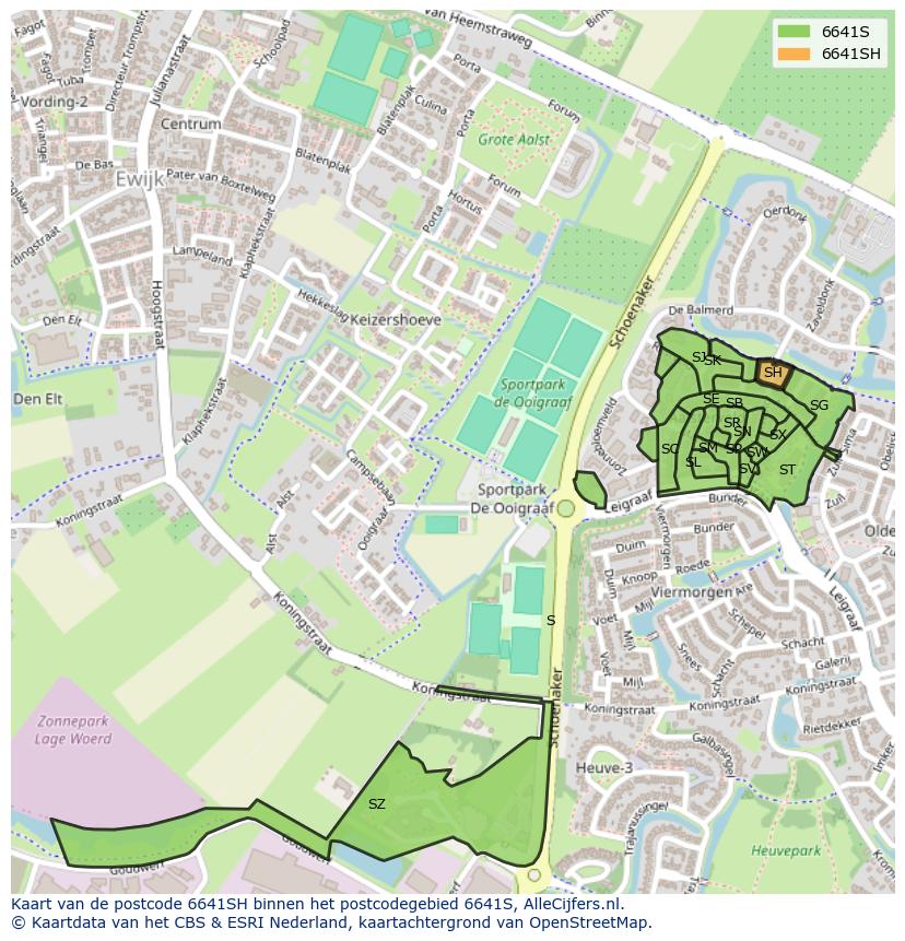 Afbeelding van het postcodegebied 6641 SH op de kaart.