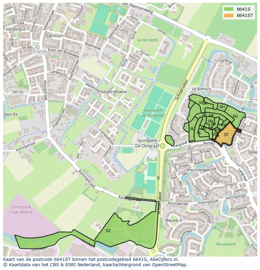 Afbeelding van het postcodegebied 6641 ST op de kaart.