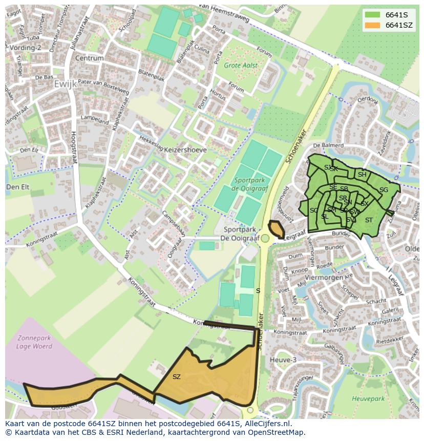 Afbeelding van het postcodegebied 6641 SZ op de kaart.