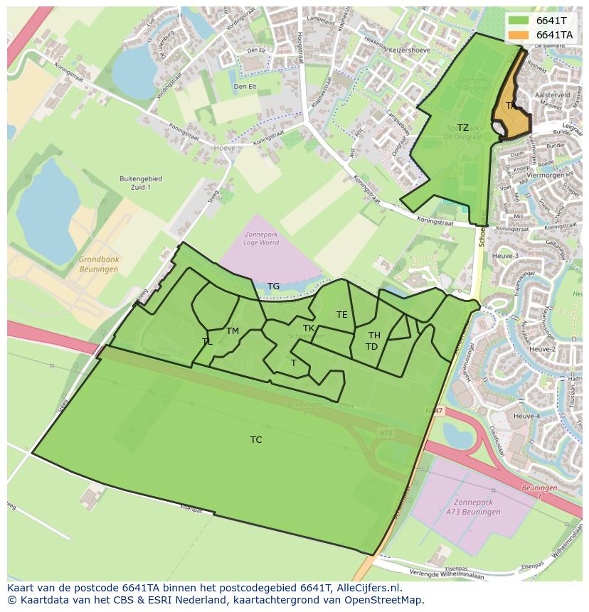 Afbeelding van het postcodegebied 6641 TA op de kaart.