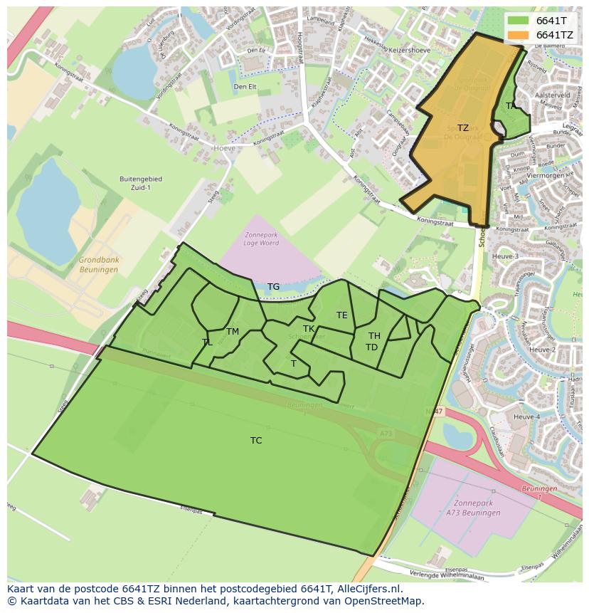 Afbeelding van het postcodegebied 6641 TZ op de kaart.