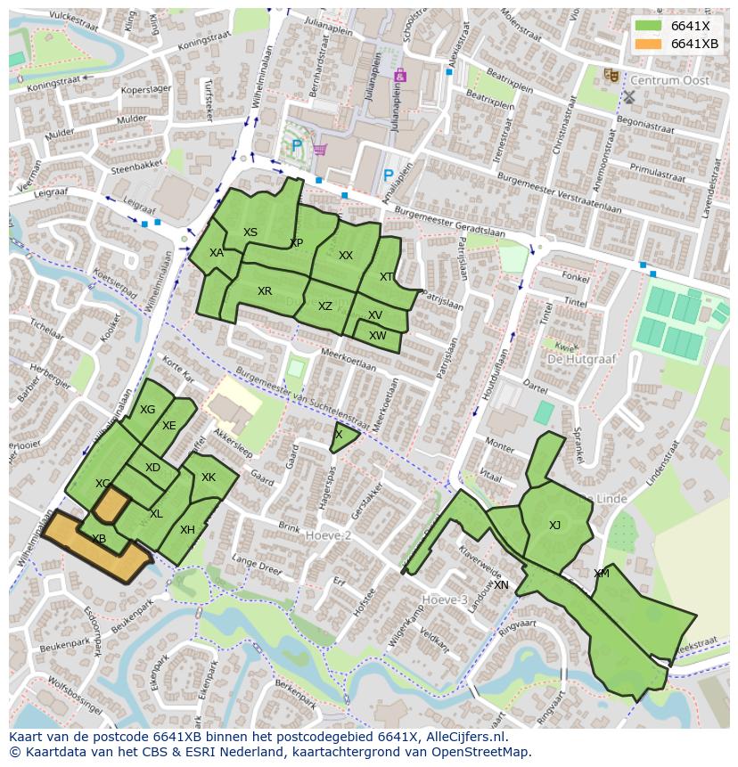 Afbeelding van het postcodegebied 6641 XB op de kaart.