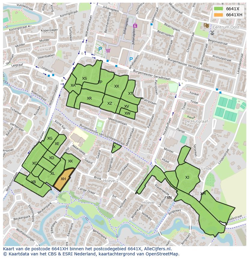 Afbeelding van het postcodegebied 6641 XH op de kaart.
