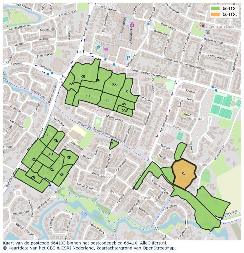 Afbeelding van het postcodegebied 6641 XJ op de kaart.