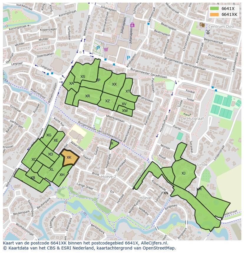 Afbeelding van het postcodegebied 6641 XK op de kaart.