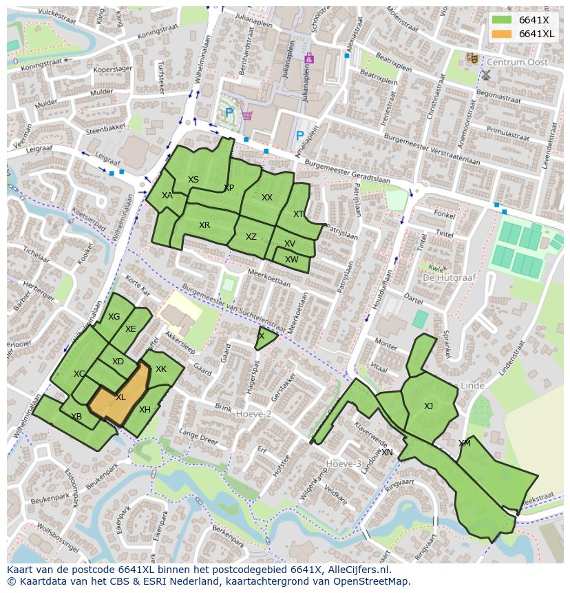 Afbeelding van het postcodegebied 6641 XL op de kaart.