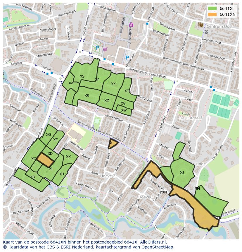 Afbeelding van het postcodegebied 6641 XN op de kaart.