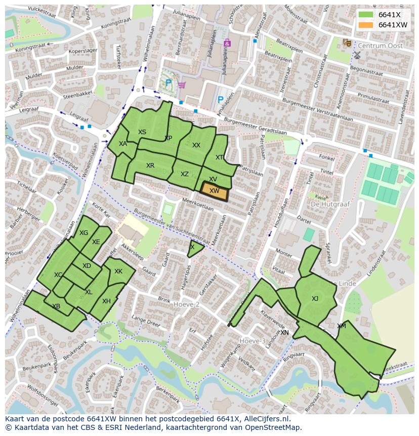 Afbeelding van het postcodegebied 6641 XW op de kaart.