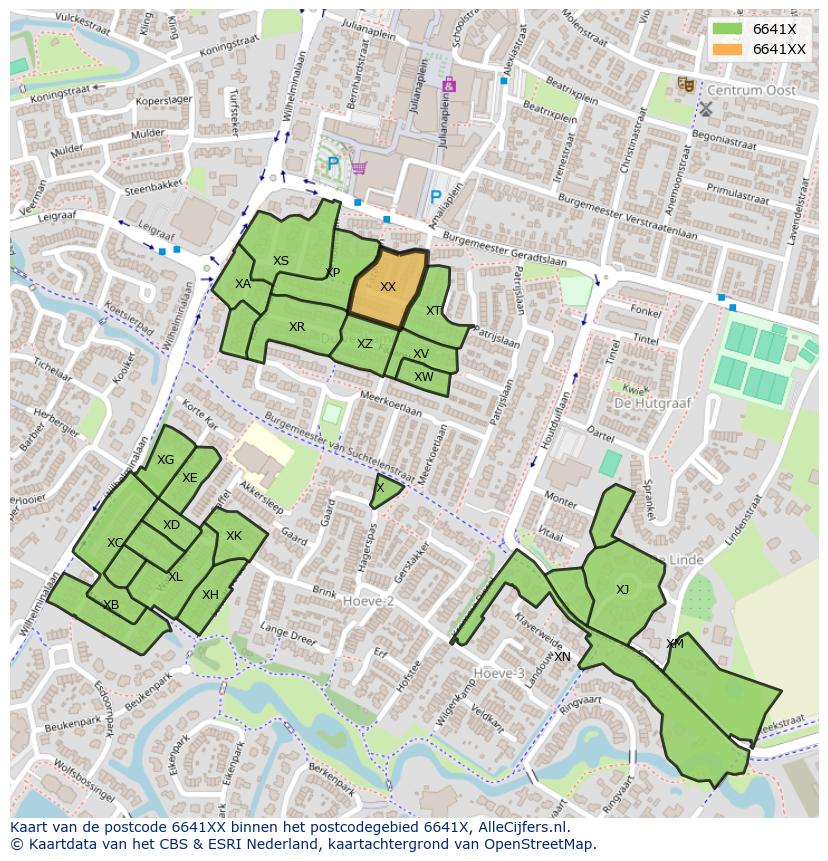 Afbeelding van het postcodegebied 6641 XX op de kaart.