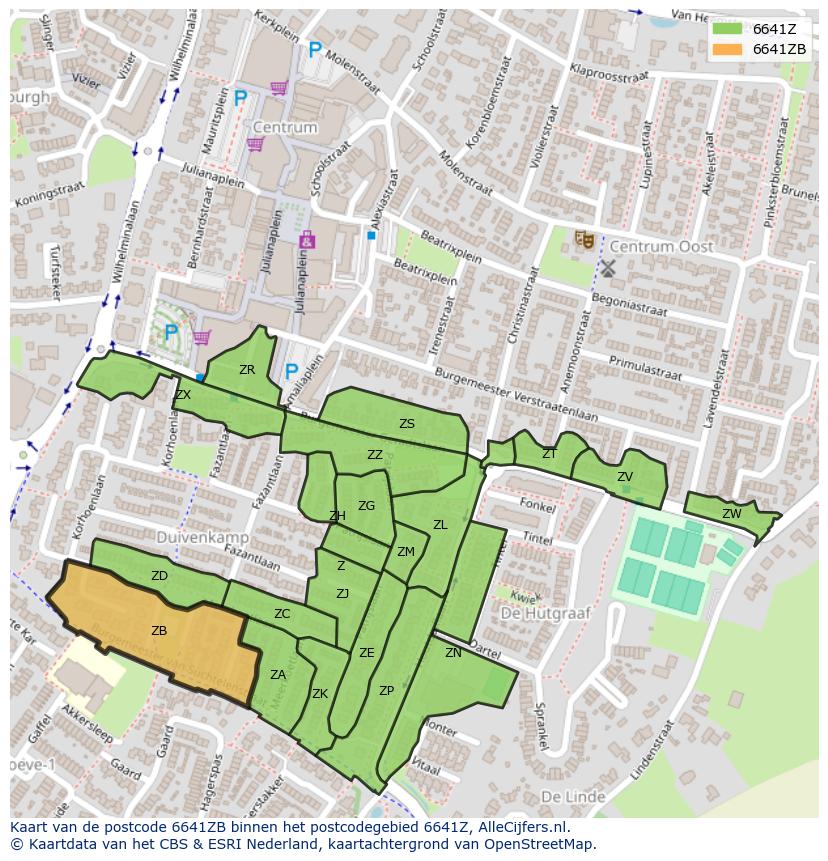 Afbeelding van het postcodegebied 6641 ZB op de kaart.