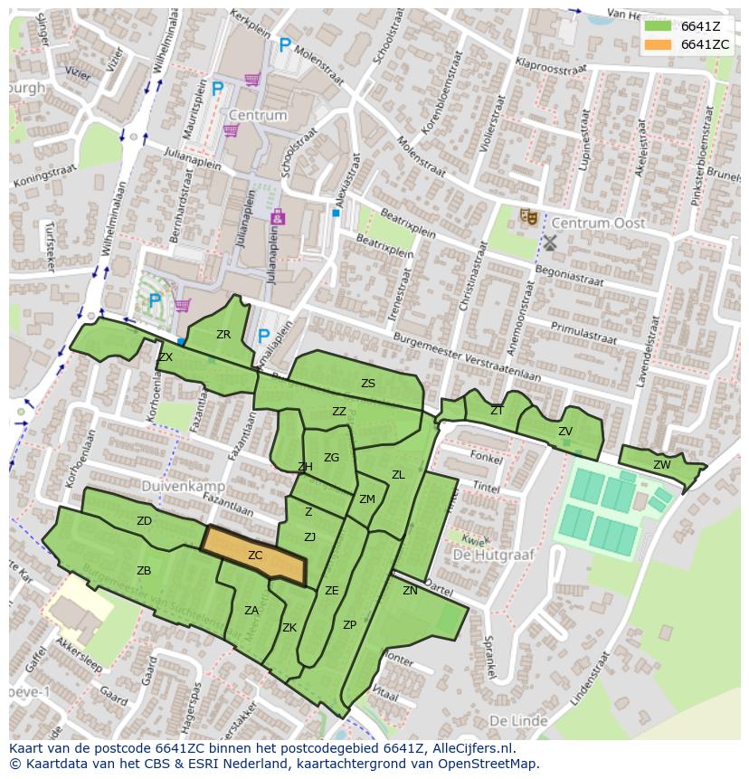 Afbeelding van het postcodegebied 6641 ZC op de kaart.