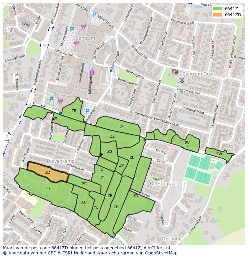 Afbeelding van het postcodegebied 6641 ZD op de kaart.