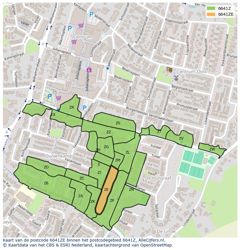 Afbeelding van het postcodegebied 6641 ZE op de kaart.