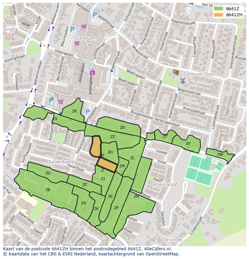 Afbeelding van het postcodegebied 6641 ZH op de kaart.