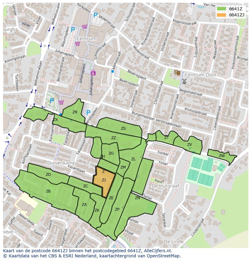 Afbeelding van het postcodegebied 6641 ZJ op de kaart.