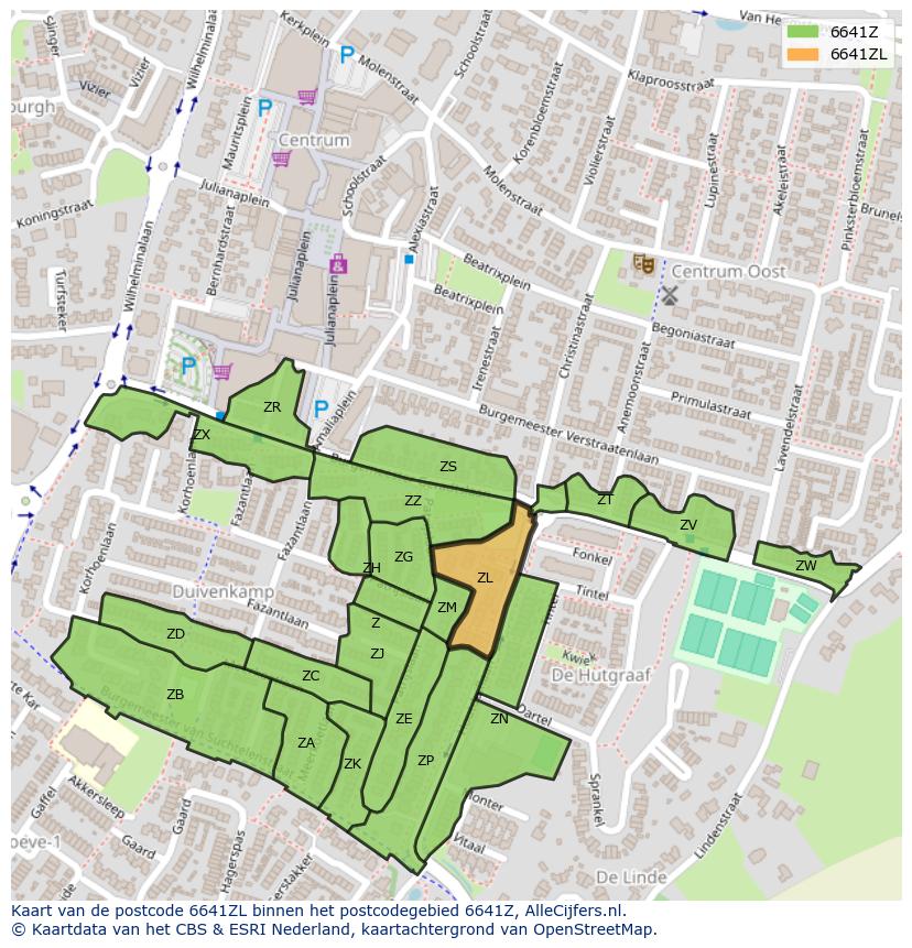 Afbeelding van het postcodegebied 6641 ZL op de kaart.
