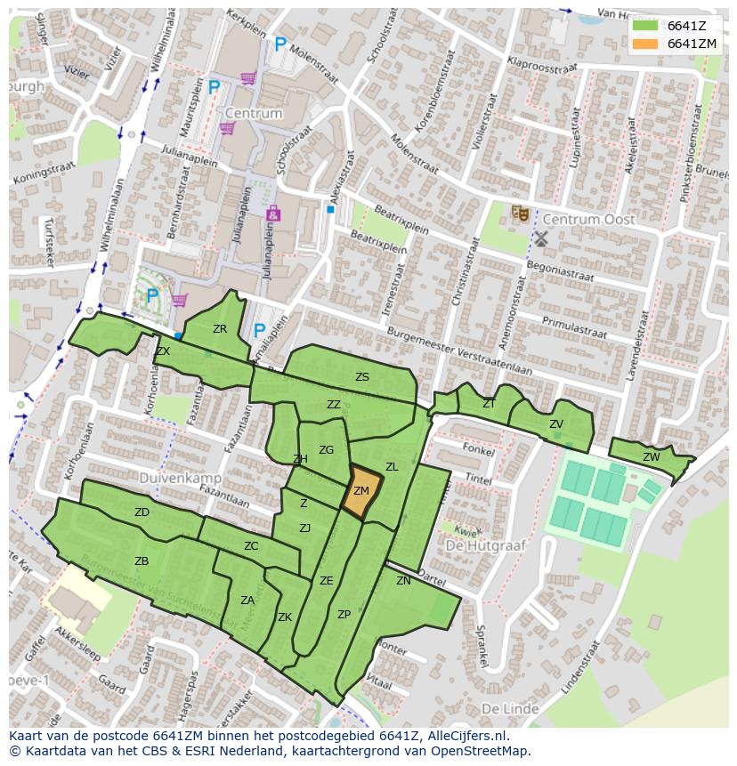 Afbeelding van het postcodegebied 6641 ZM op de kaart.