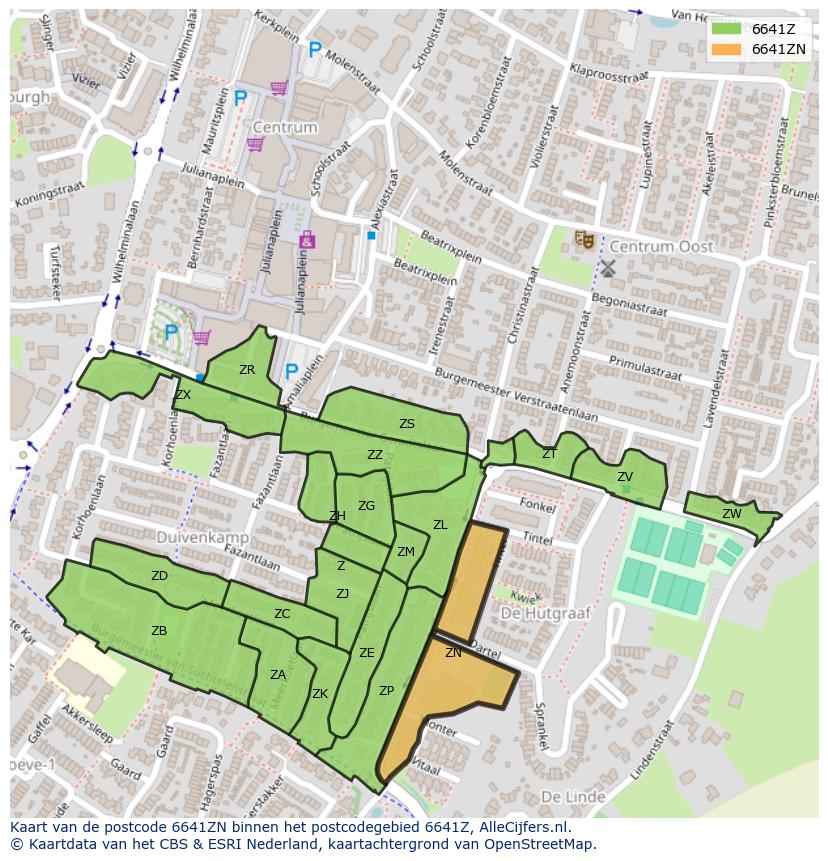 Afbeelding van het postcodegebied 6641 ZN op de kaart.