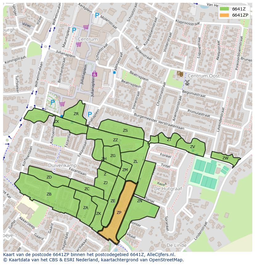 Afbeelding van het postcodegebied 6641 ZP op de kaart.