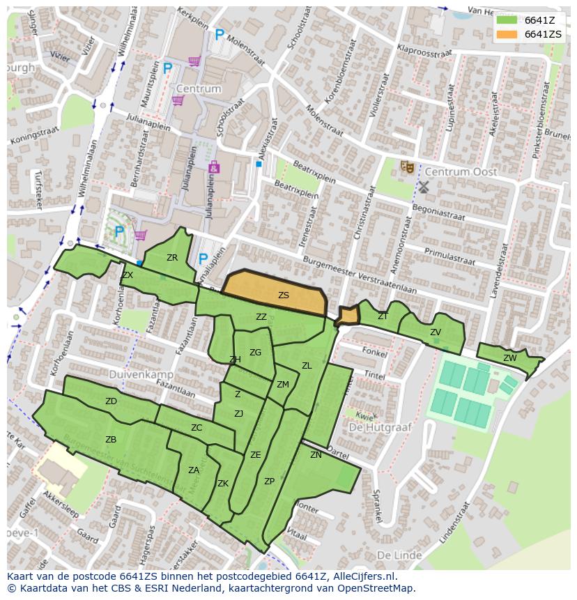 Afbeelding van het postcodegebied 6641 ZS op de kaart.