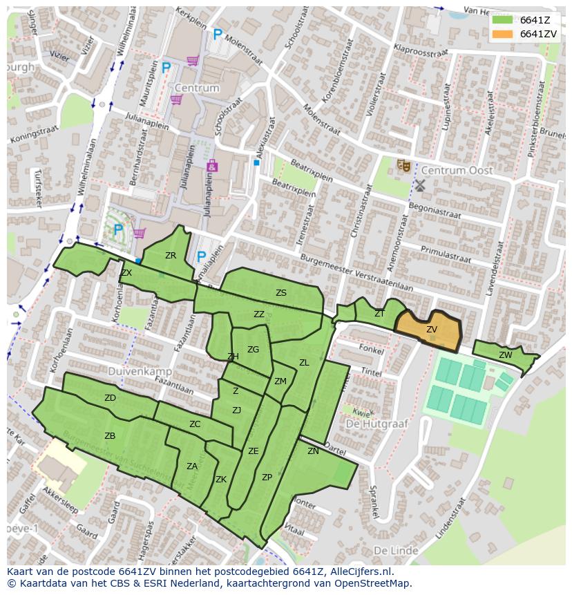 Afbeelding van het postcodegebied 6641 ZV op de kaart.