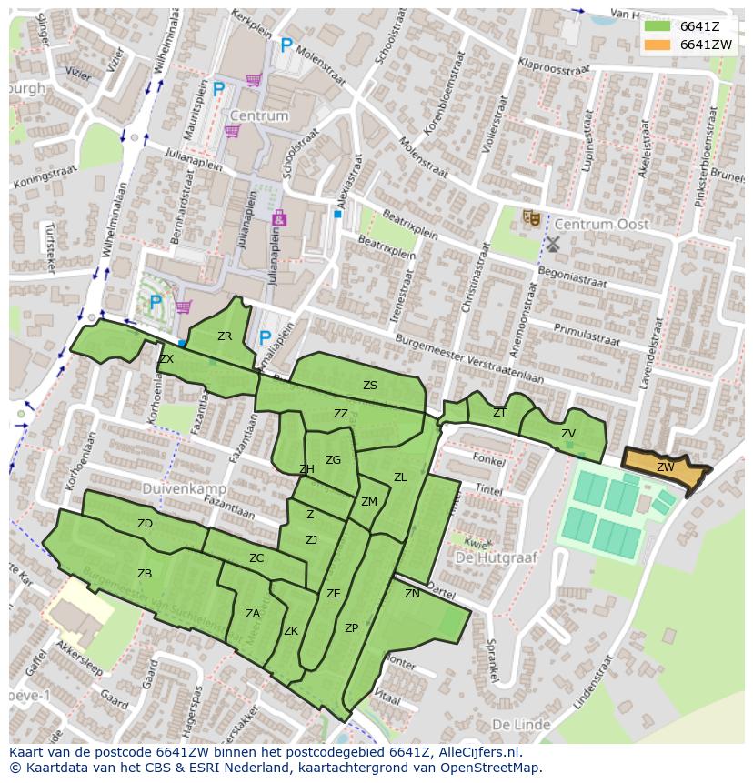 Afbeelding van het postcodegebied 6641 ZW op de kaart.