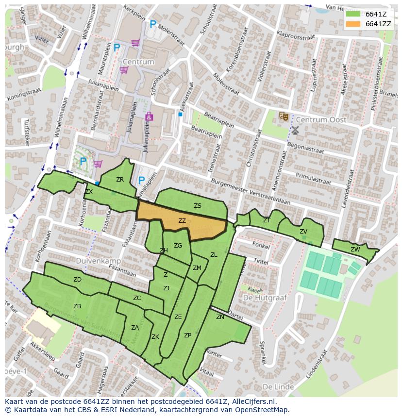 Afbeelding van het postcodegebied 6641 ZZ op de kaart.