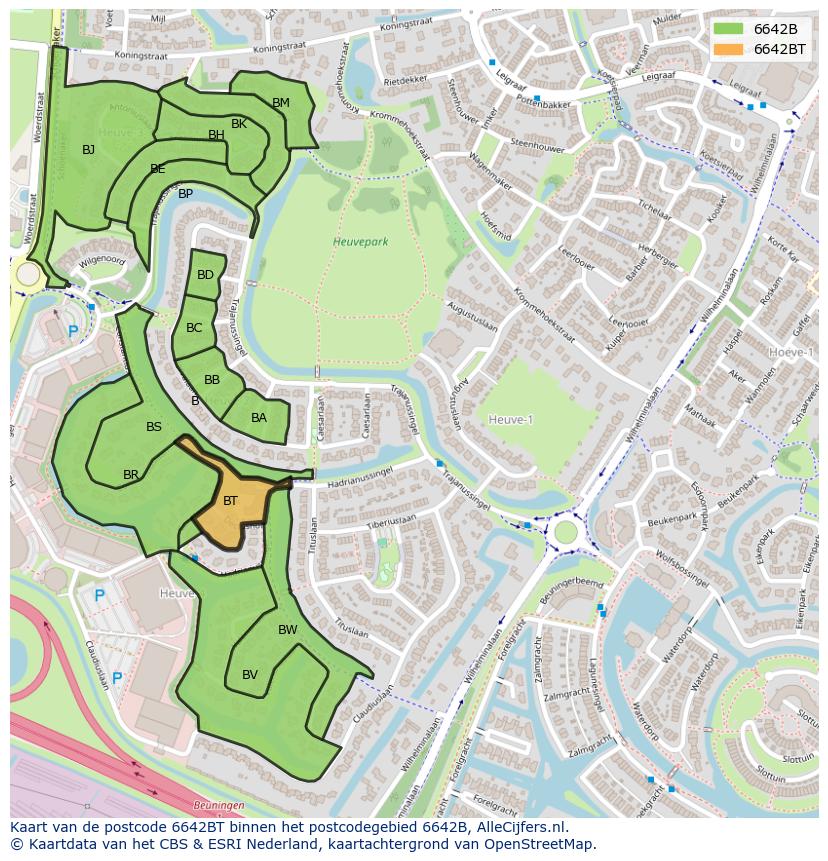 Afbeelding van het postcodegebied 6642 BT op de kaart.