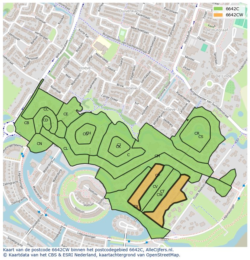 Afbeelding van het postcodegebied 6642 CW op de kaart.