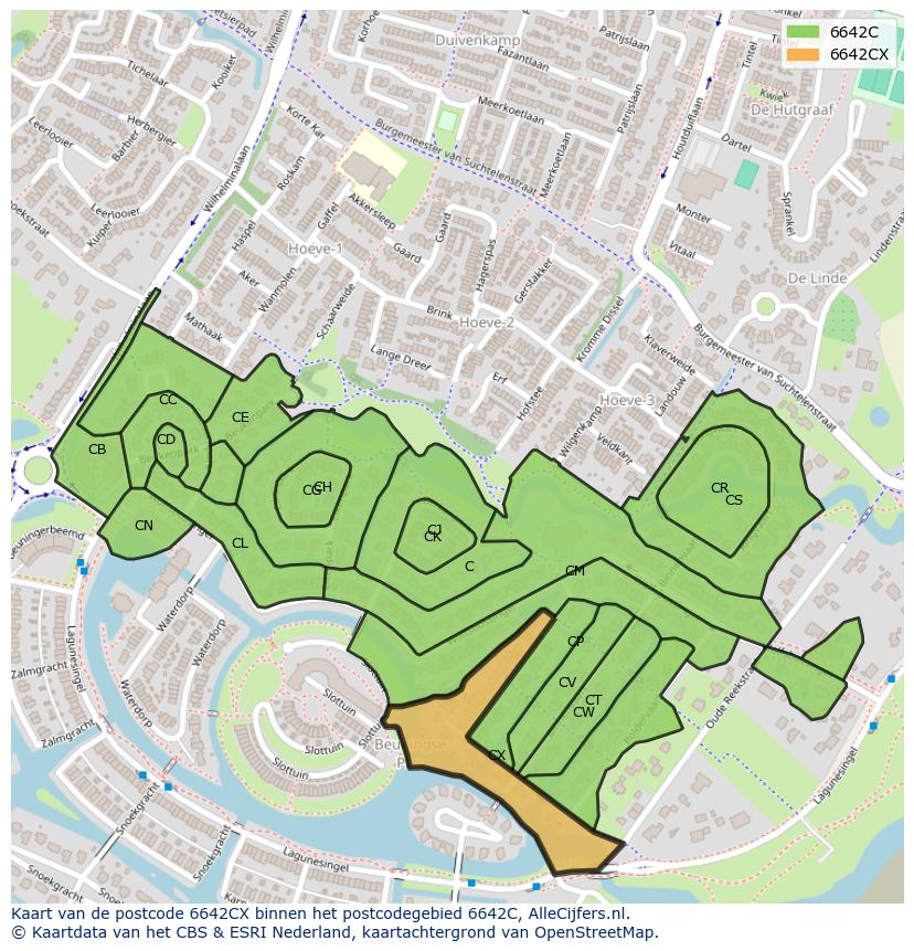 Afbeelding van het postcodegebied 6642 CX op de kaart.