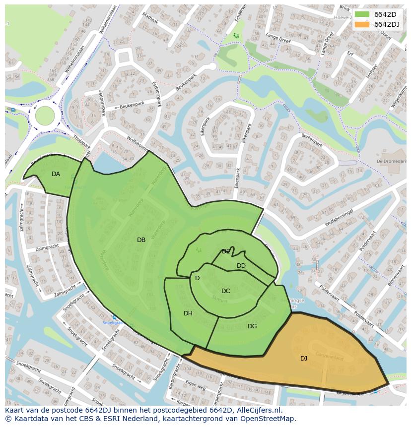 Afbeelding van het postcodegebied 6642 DJ op de kaart.