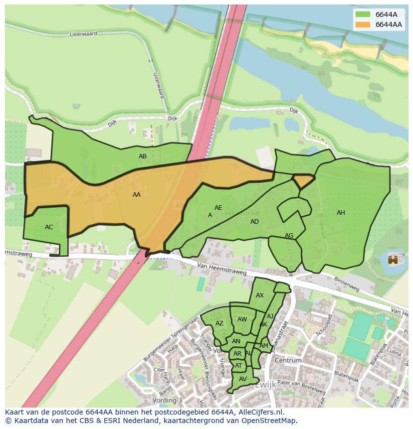 Afbeelding van het postcodegebied 6644 AA op de kaart.