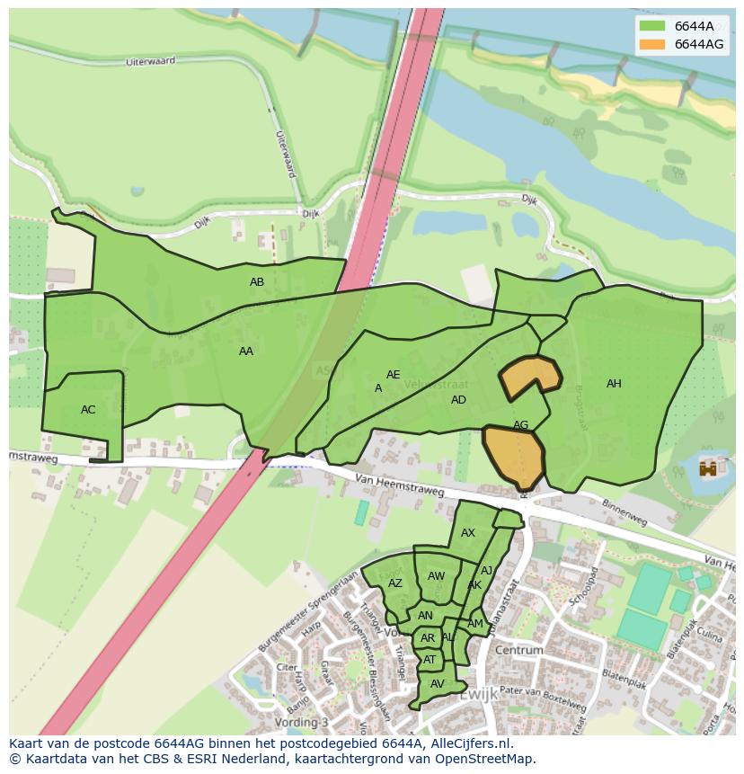 Afbeelding van het postcodegebied 6644 AG op de kaart.